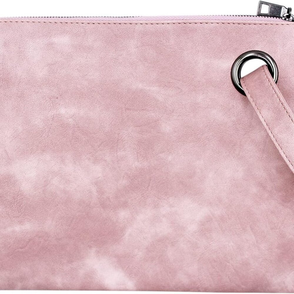 Women Oversized Leather Envelope Handbag Clutch Purse Wrist Strap Pink